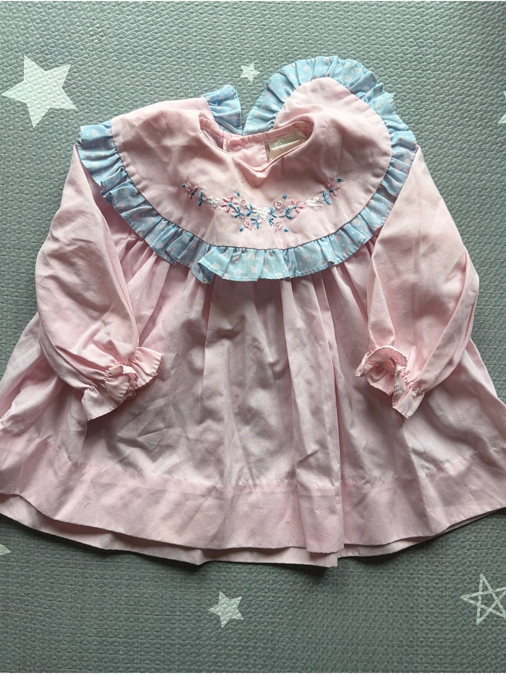 Vintage Pink Baby Dress with Blue Ruffle Collar size 12 months
